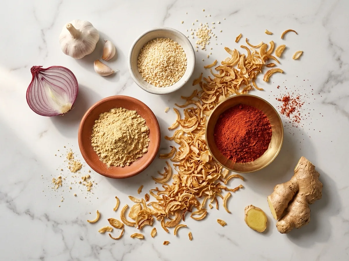 Mireva Foods dehydrated ingredients collection: onion flakes, garlic cloves, ginger powder, and tomato powder