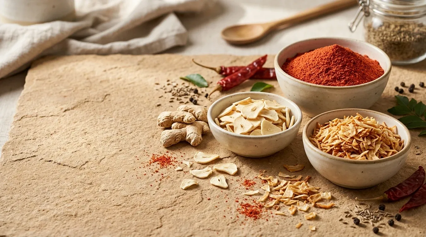 Artisanal arrangement of dehydrated onion flakes, garlic slices, ginger, and tomato powder in ceramic bowls
